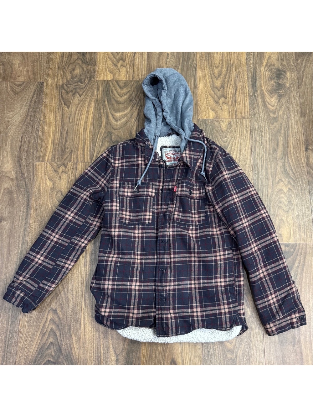 Levi’s Sherpa Lined Plaid Hooded Jacket Flannel Shacket Black Red S